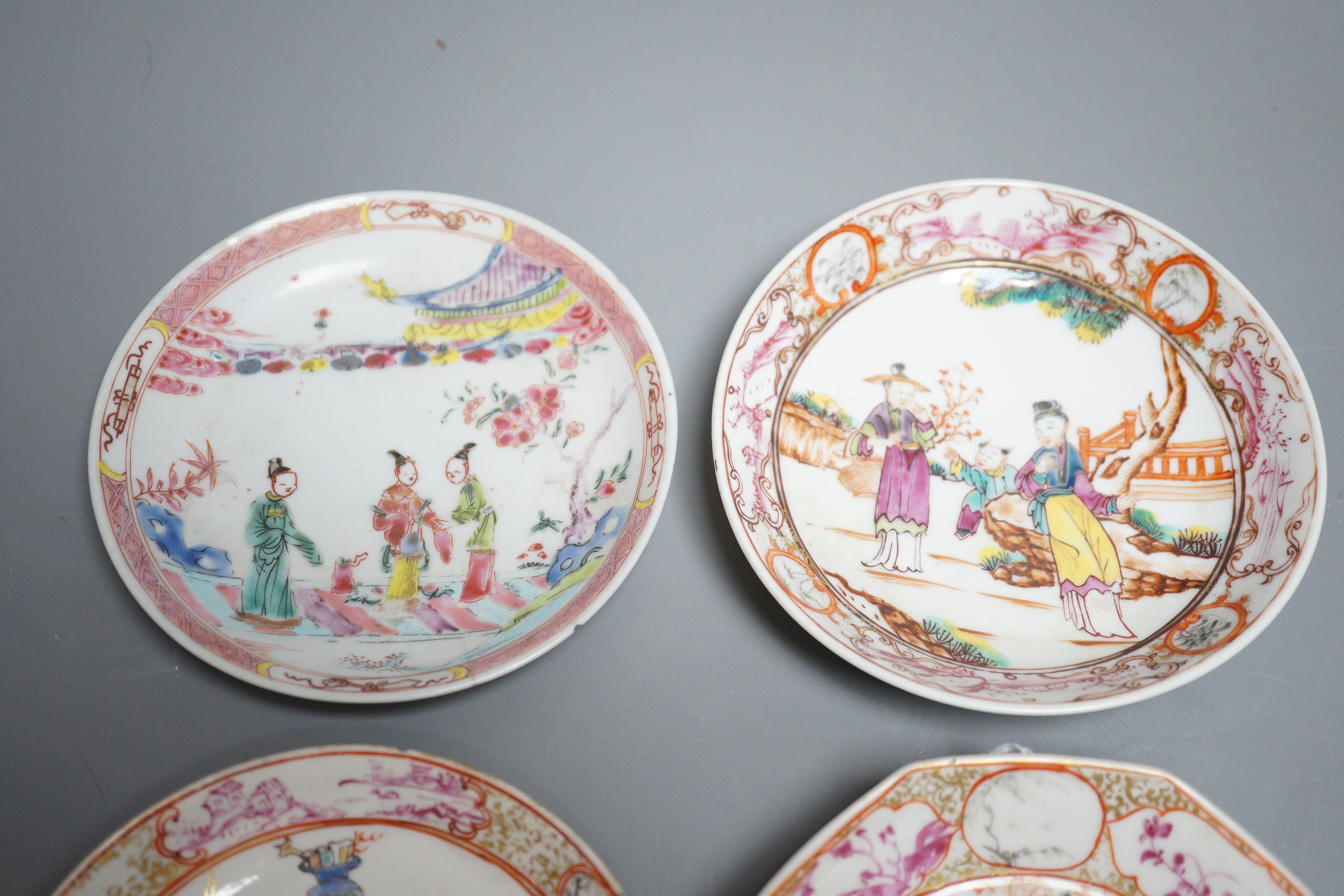 A group of four 18th century Chinese export famille rose saucers